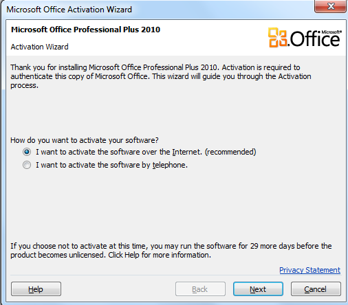 activate microsoft office professional plus 2010 over telephone