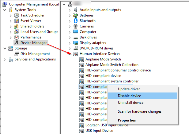 hid compliant device disable