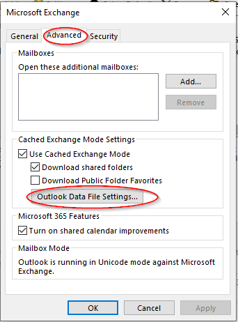 Advanced>Outlook Data File Settings